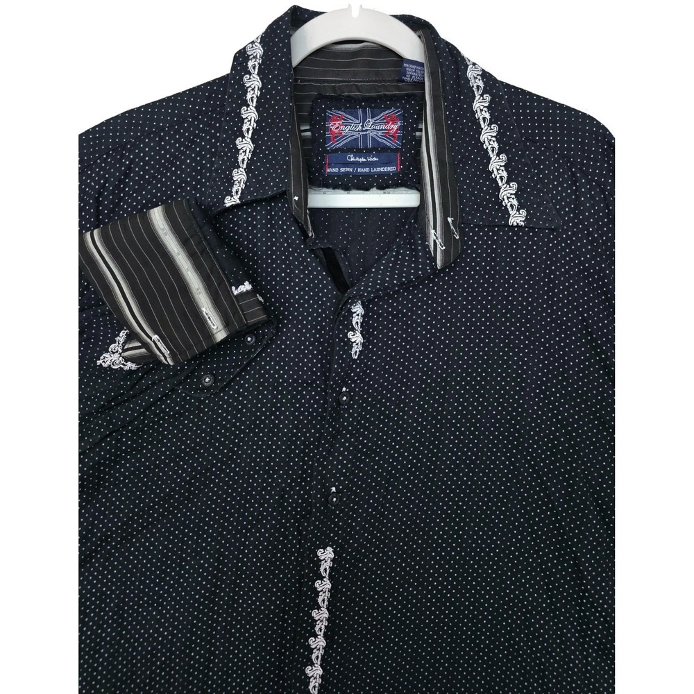 English Laundry Shirt Mens 2XL Black Polka Dot Long Sleeve Button Up Embroidered